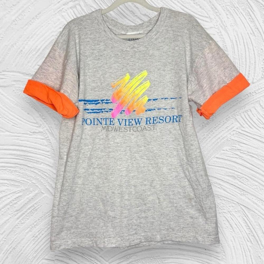 Vintage 90s Gray Neon Orange Resort Graphic Tee Retro Colorblock Rolled Sleeve